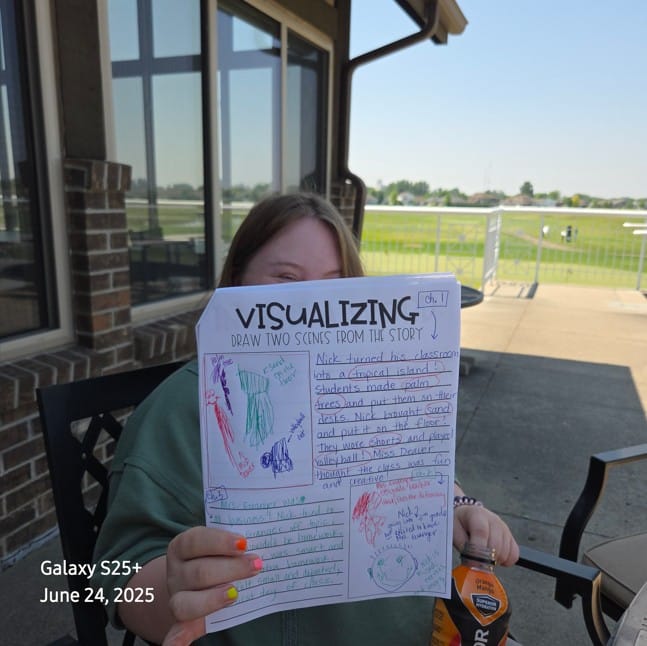 A GiGi's Playhouse Fargo participant showcasing her work during backpack buddies