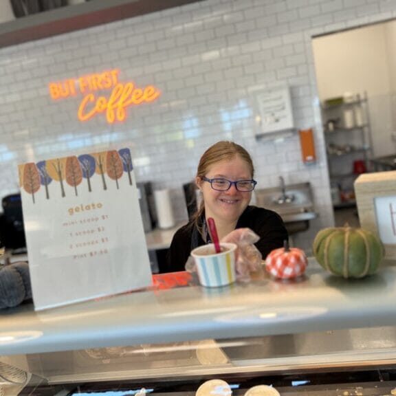 Emma behind counter Emma behind counter