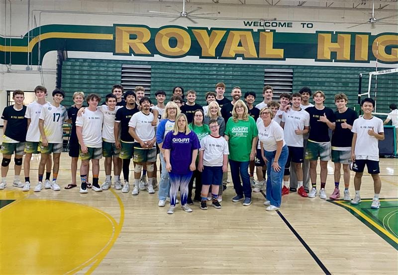 GiGi's Playhouse Simi Valley board members, participants, and staff join the Royal High School Boys Volleyball team on the court to share about GiGi's Playhouse mission