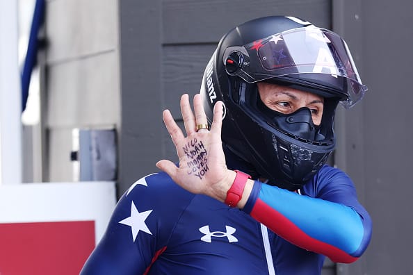 LAKE PLACID, NEW YORK - MARCH 15: Elena Meyers Taylor reacts after heat 4 during the 2-woman bobsleigh of the United States on day six of the 2025 IBSF World Championships at Mt Van Hoevenberg on March 15, 2025 in Lake Placid, New York.  (Photo by Maddie Meyer/Getty Images)